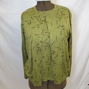 Studio G silk-blend olive green sweater set with floral design   XL